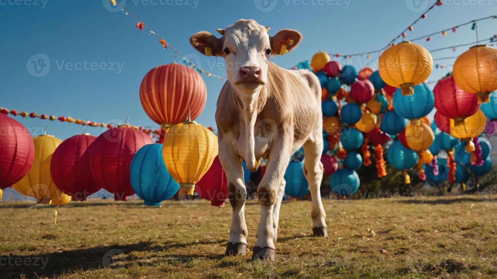 A calf stands in a field adorned with colorful lanterns, suggesting a festive atmosphere. photo