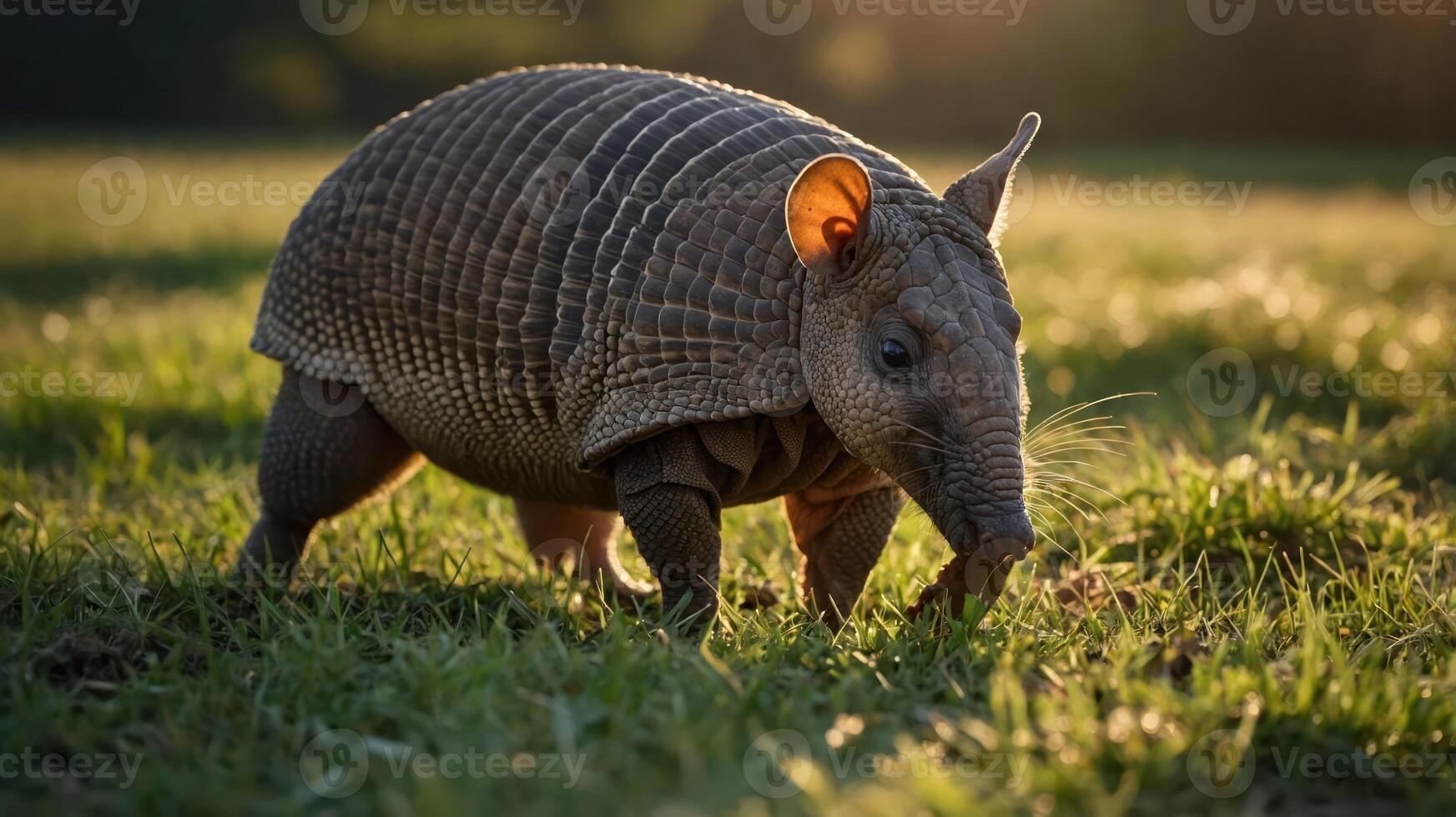 A close-up of an armadillo walking through a grassy field at sunset. photo