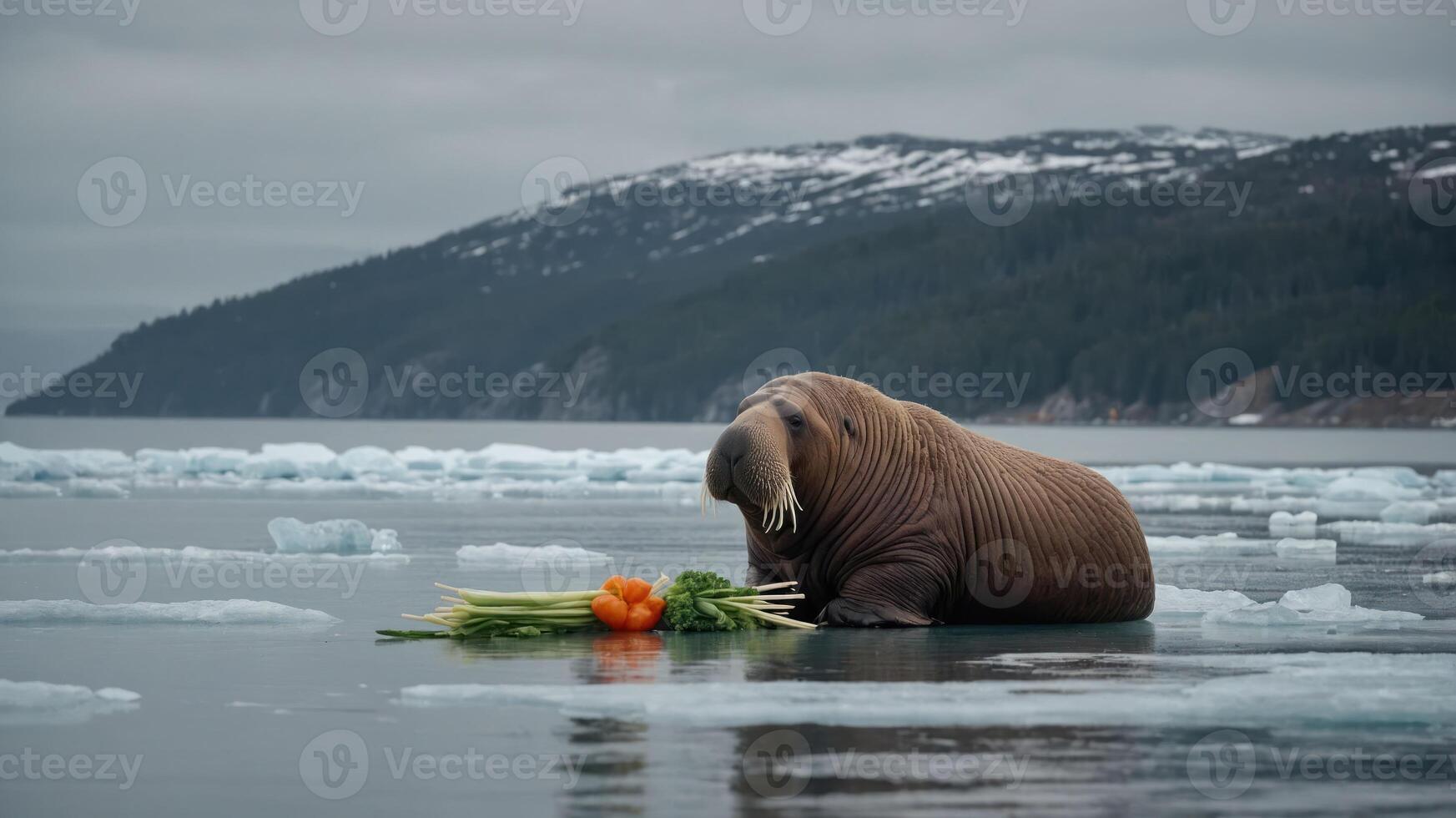 A walrus sits on ice, surrounded by vegetables in a serene Arctic landscape. photo