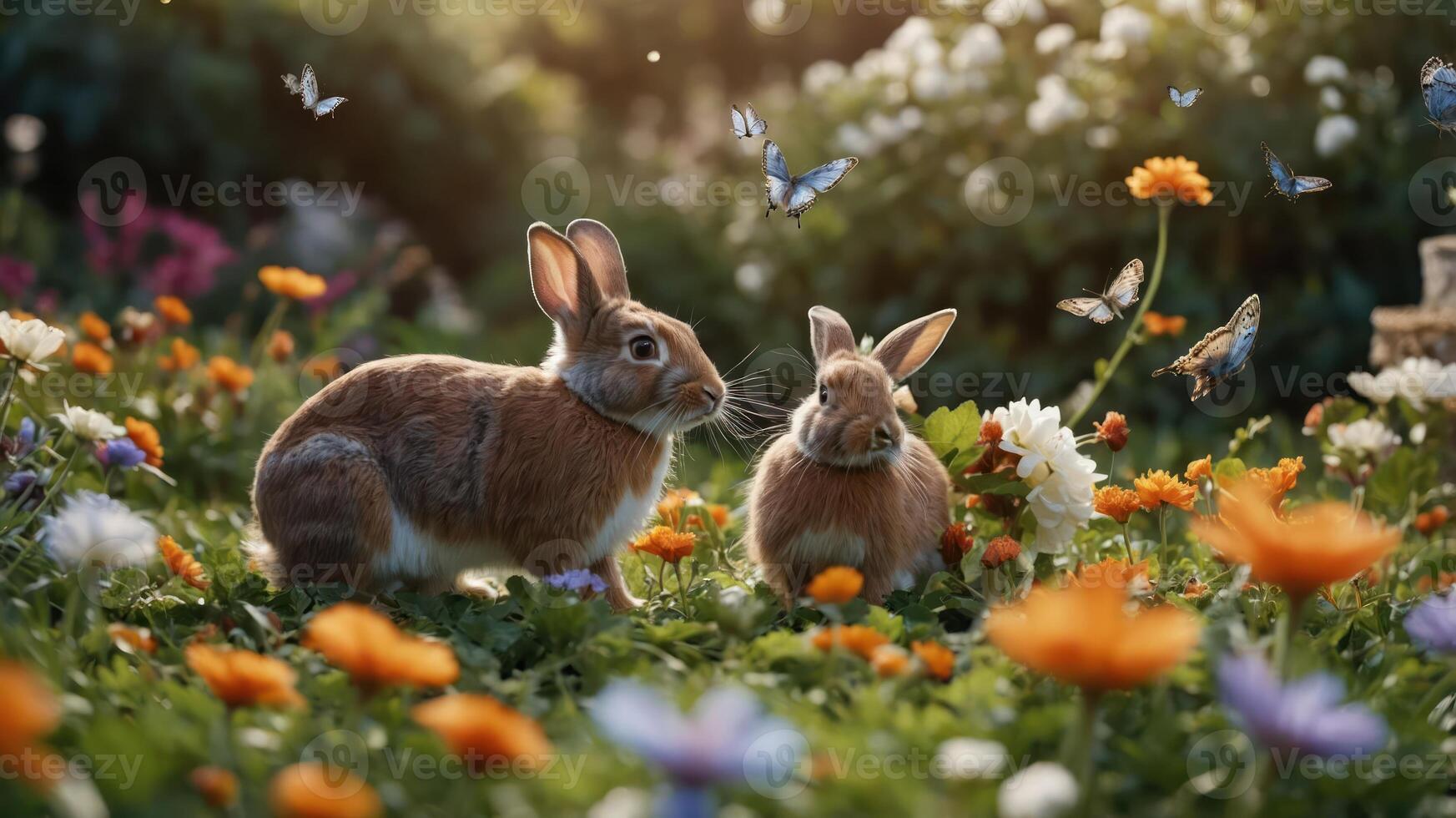 Two rabbits surrounded by colorful flowers and butterflies in a vibrant garden. photo