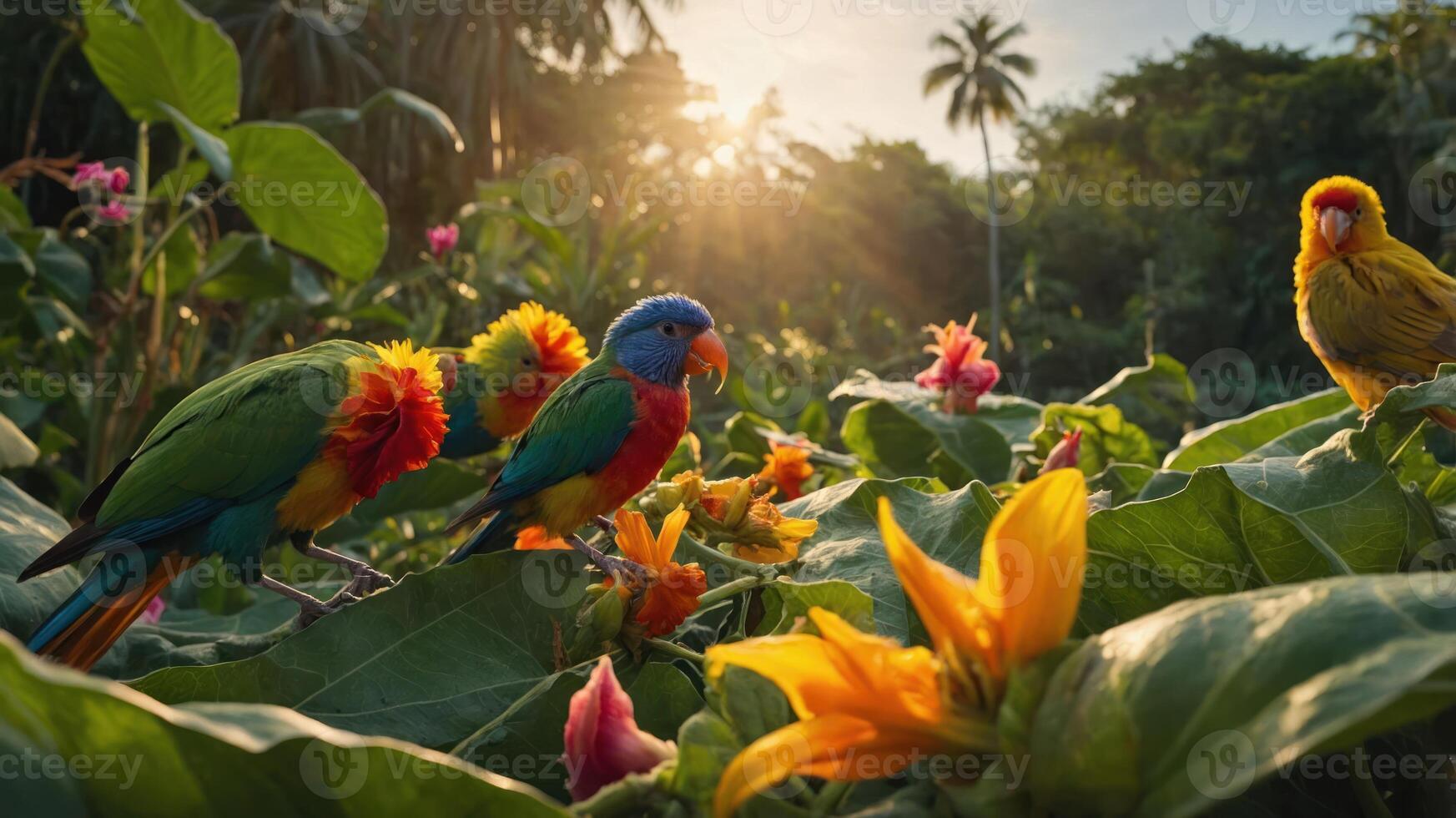 Vibrant parrots perched among colorful flowers in a lush tropical setting at sunset. photo