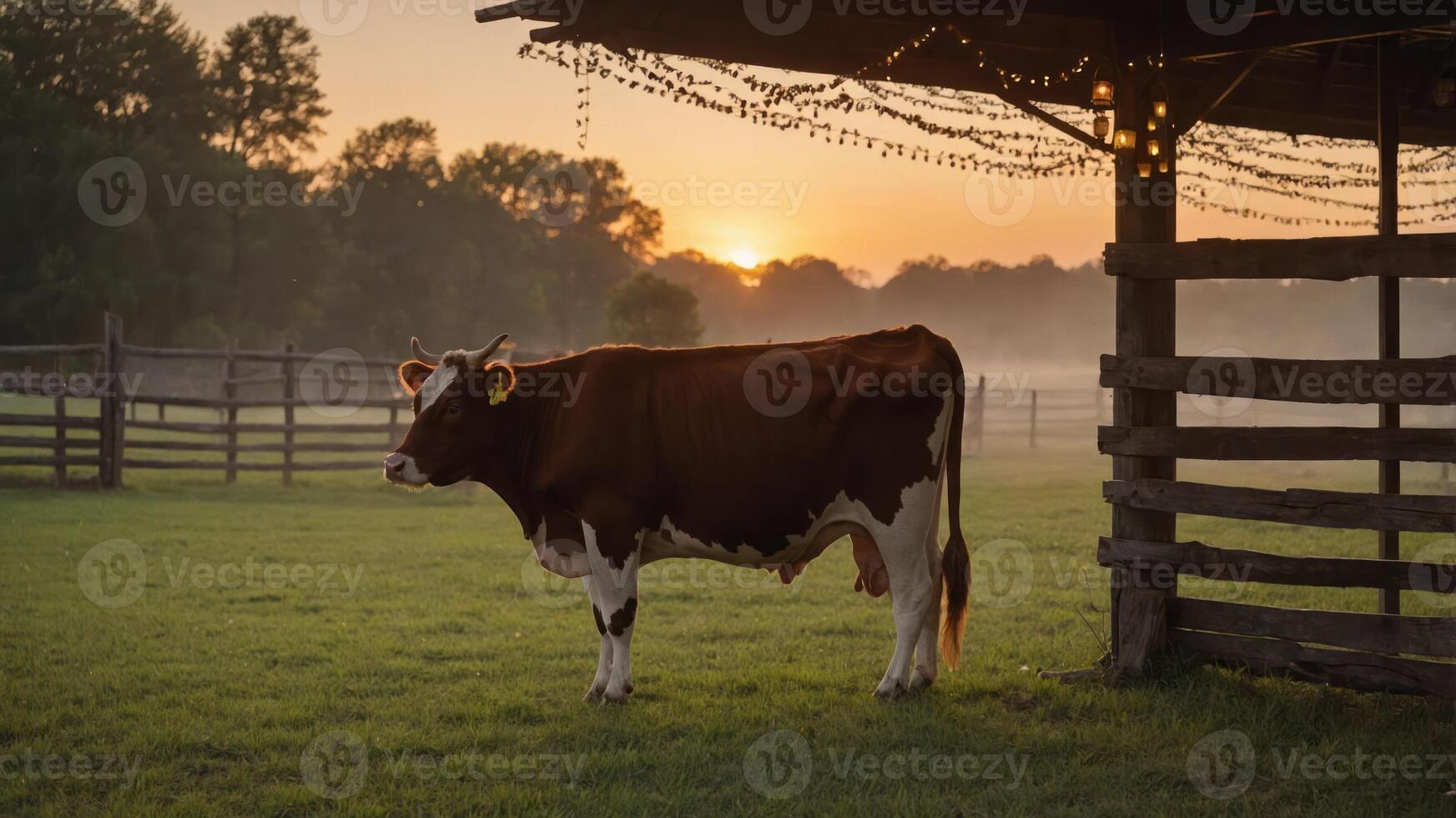 A serene cow stands in a misty field at sunset, creating a peaceful rural scene. photo