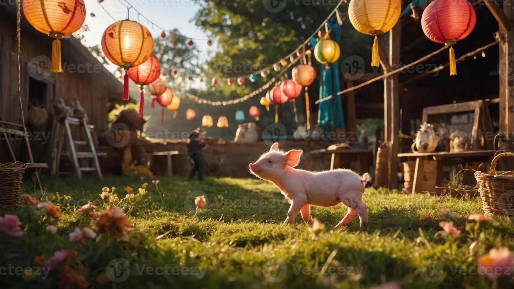 A playful piglet explores a decorated farmyard with lanterns and flowers. photo