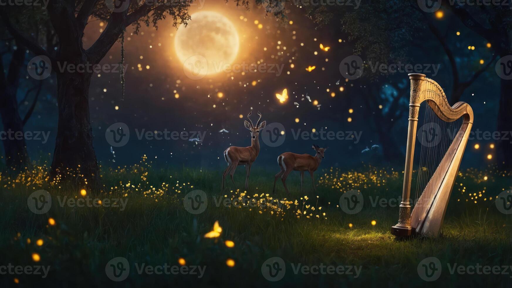 A serene night scene with a harp, deer, and a full moon surrounded by glowing butterflies. photo