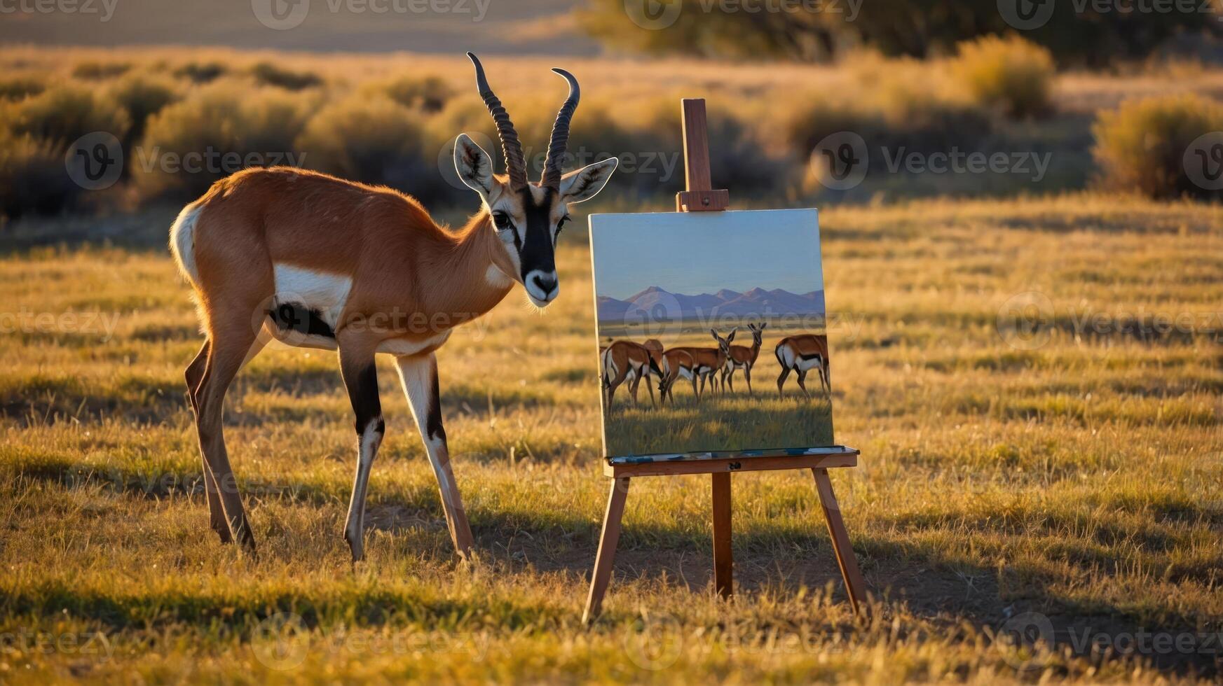 A gazelle stands beside an easel displaying a painting of its herd in a serene landscape. photo