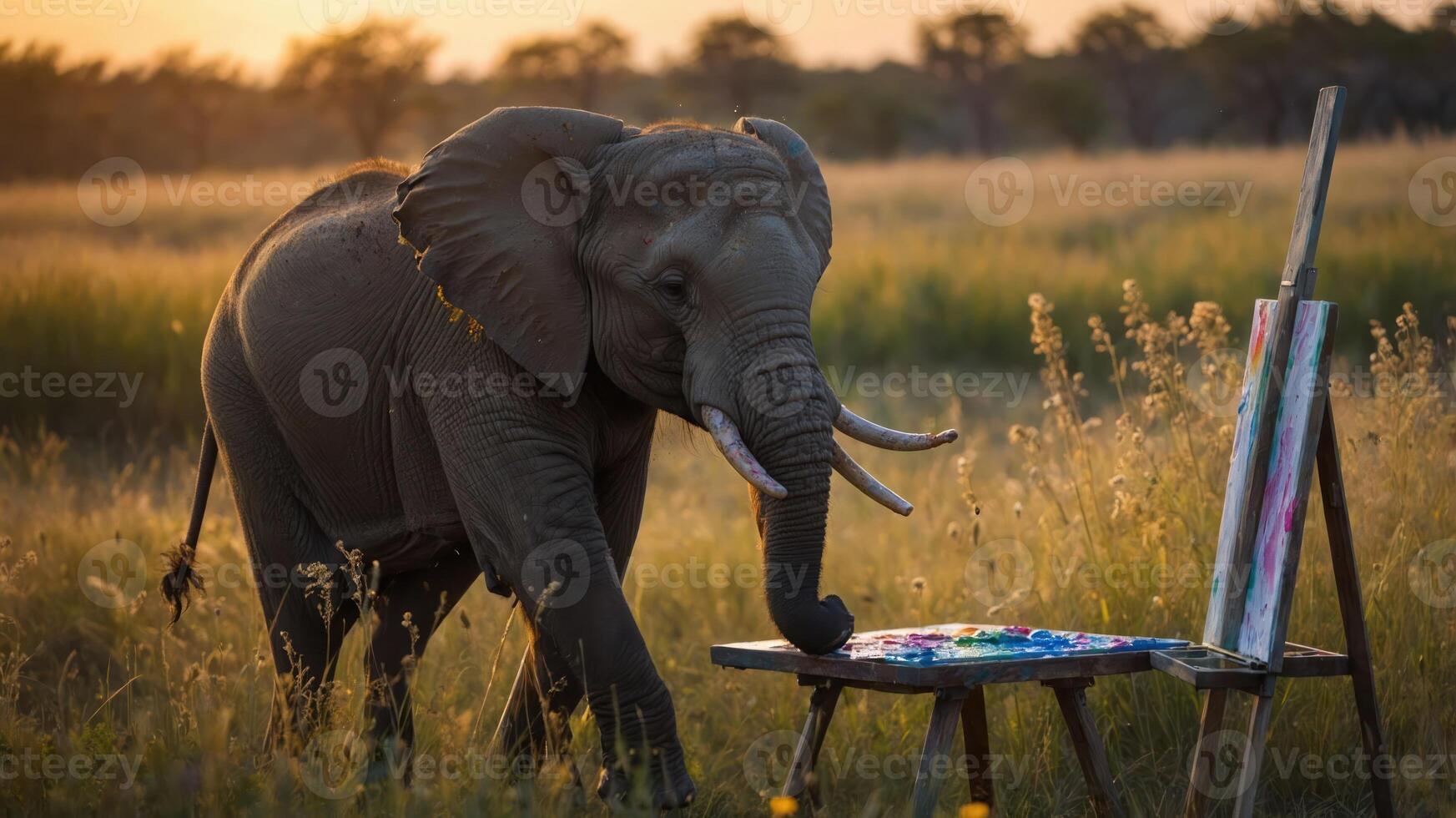 An elephant painting on an easel in a serene, grassy landscape during sunset. photo