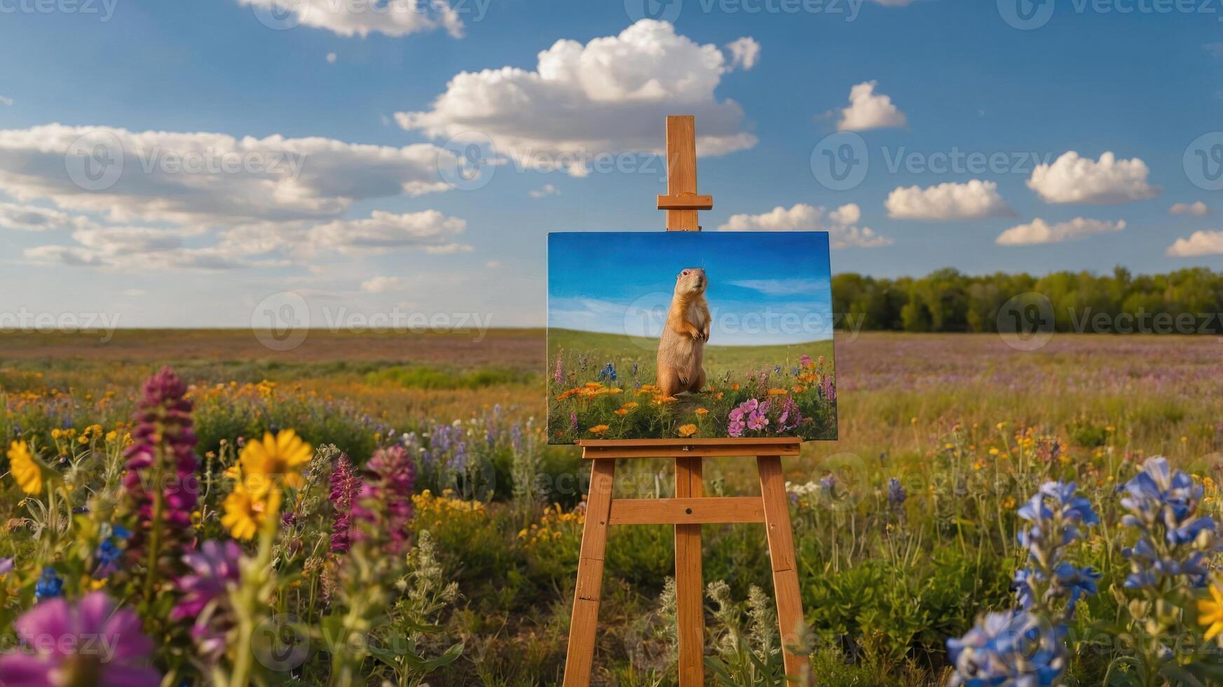 A painted depiction of a bear on an easel in a vibrant flower field under a blue sky. photo