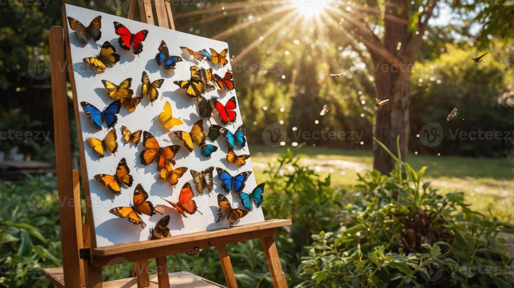 A vibrant display of butterflies on a canvas in a sunlit garden. photo