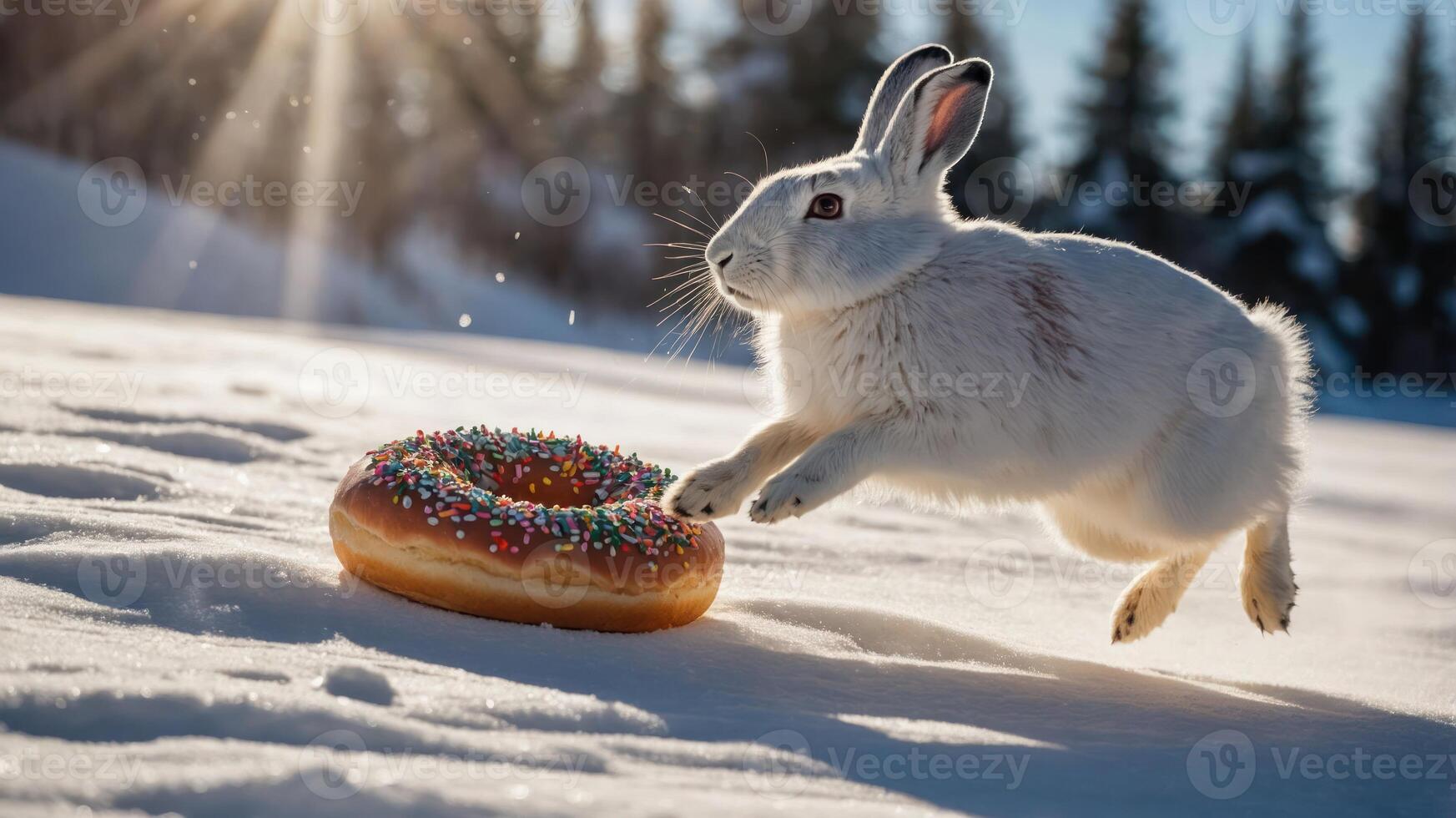 A rabbit leaps through snow towards a colorful donut. photo