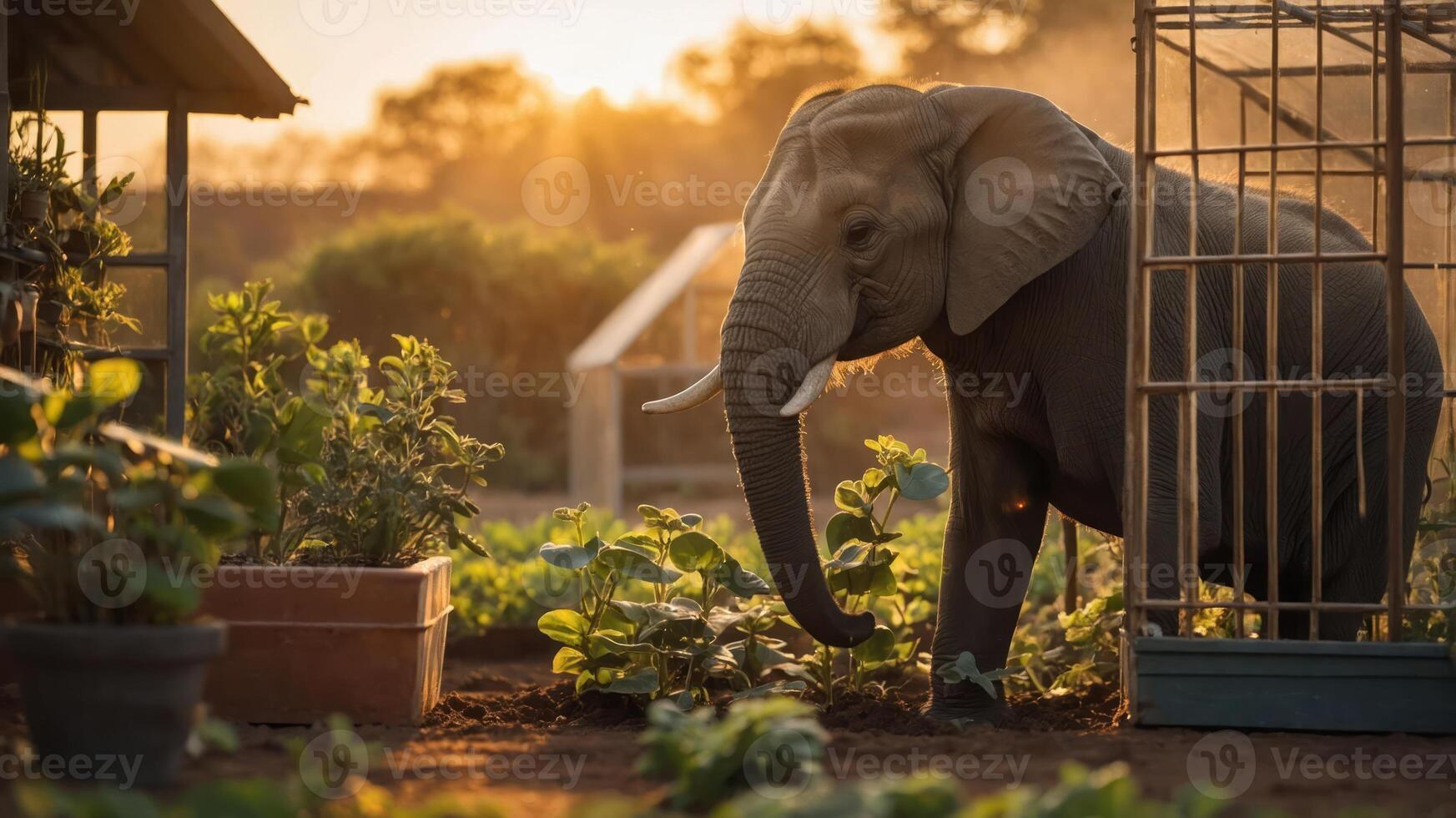 An elephant in a garden at sunset, surrounded by plants and a wooden enclosure. photo