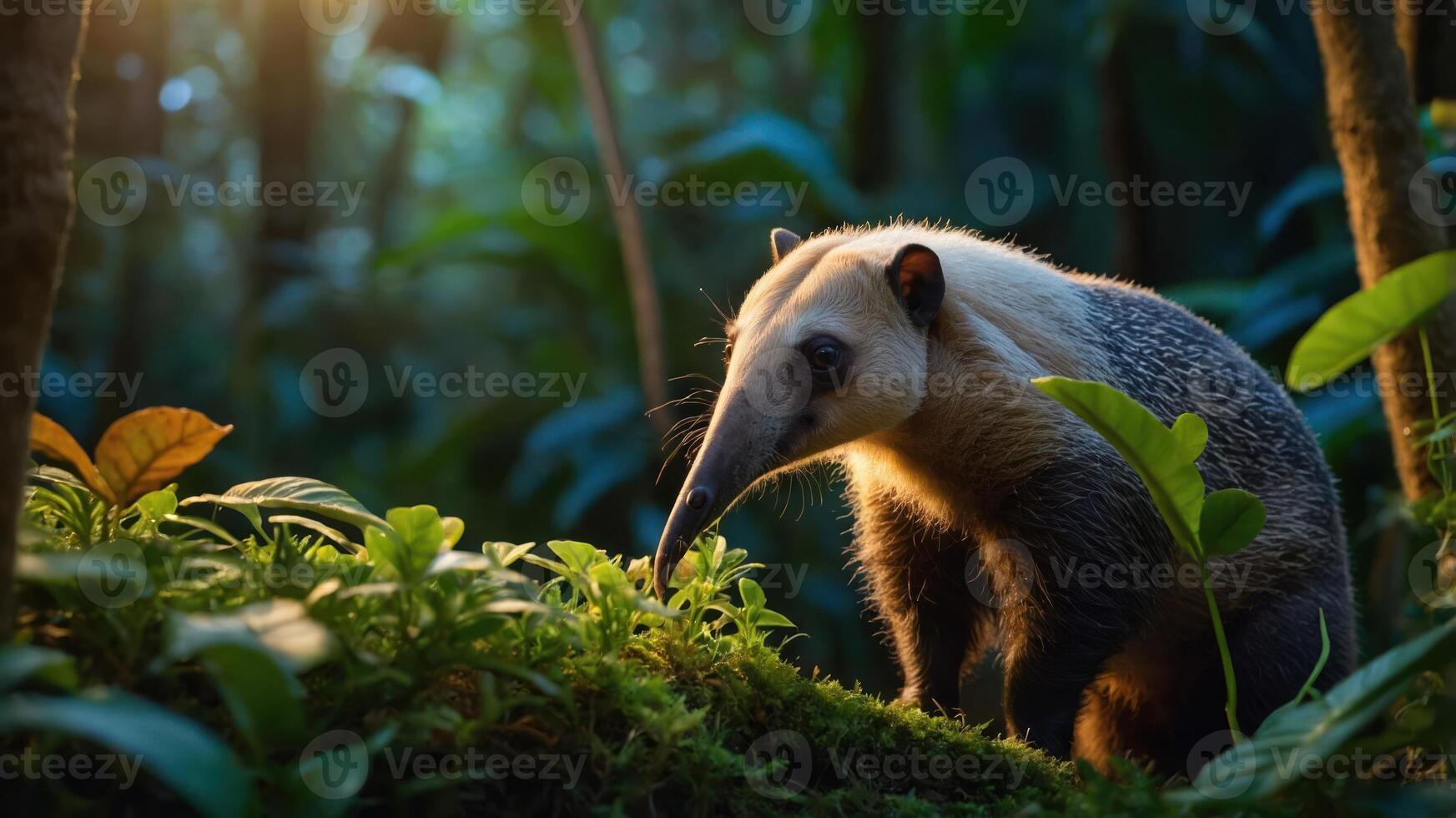 A solitary anteater forages in a lush, green forest, illuminated by soft sunlight. photo