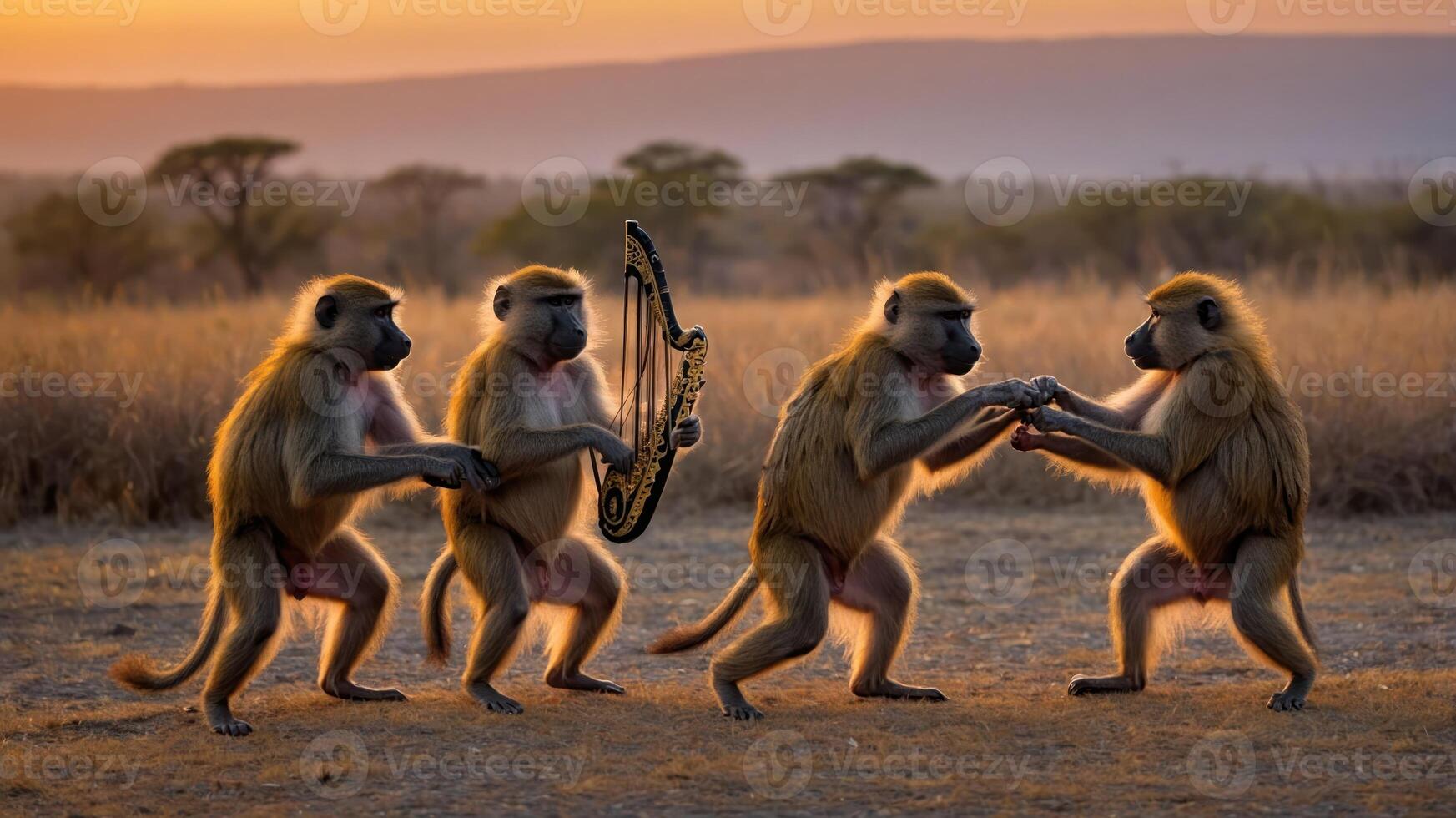 A playful scene of baboons engaging in a mock performance at sunset. photo