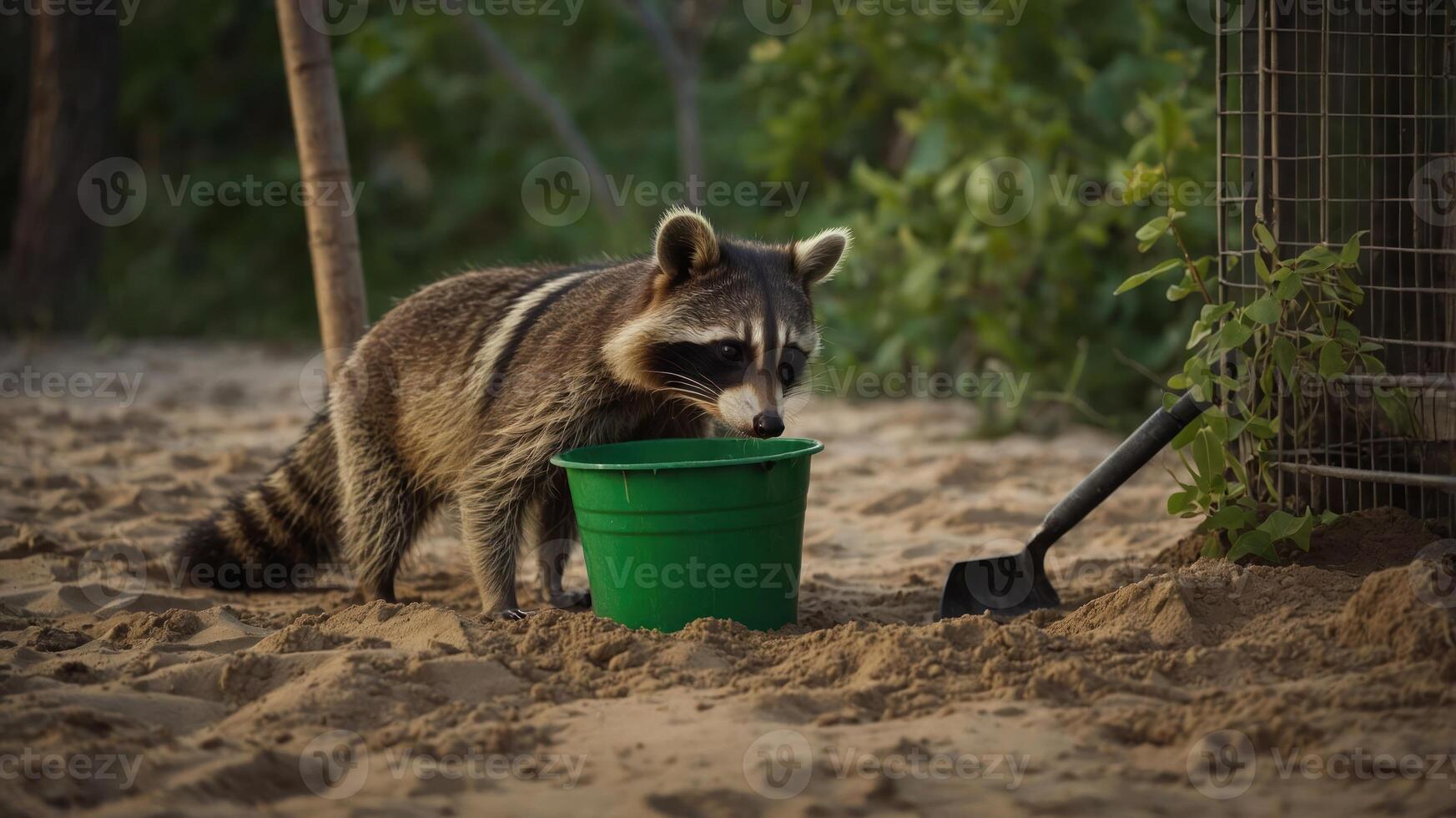 A raccoon curiously investigates a green bucket in a sandy environment. photo