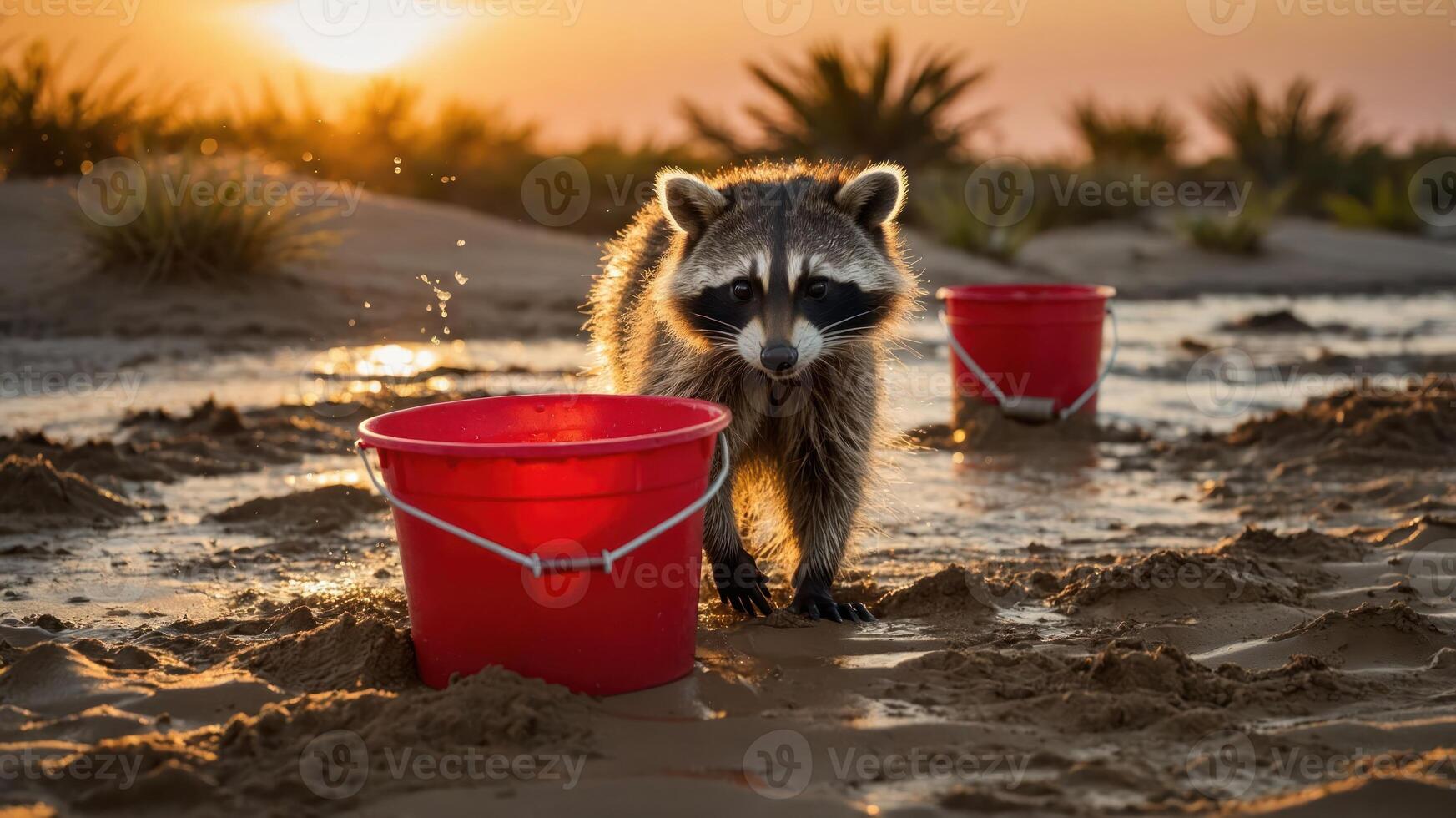 A raccoon approaches red buckets on a sandy landscape during sunset. photo