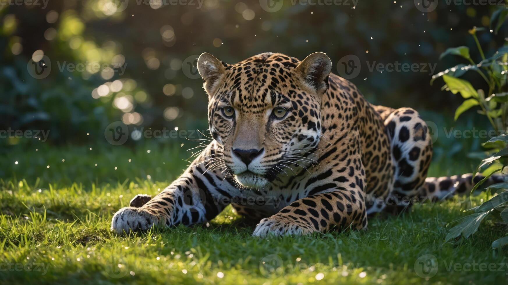 A close-up of a leopard crouching on grass, showcasing its striking coat and focused expression. photo