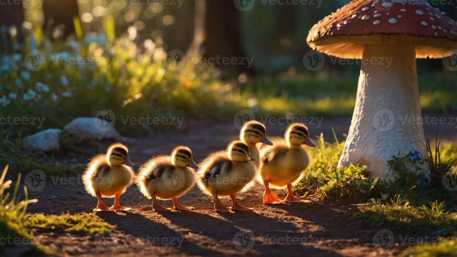 Four ducklings walking in a sunlit forest near a large mushroom. photo