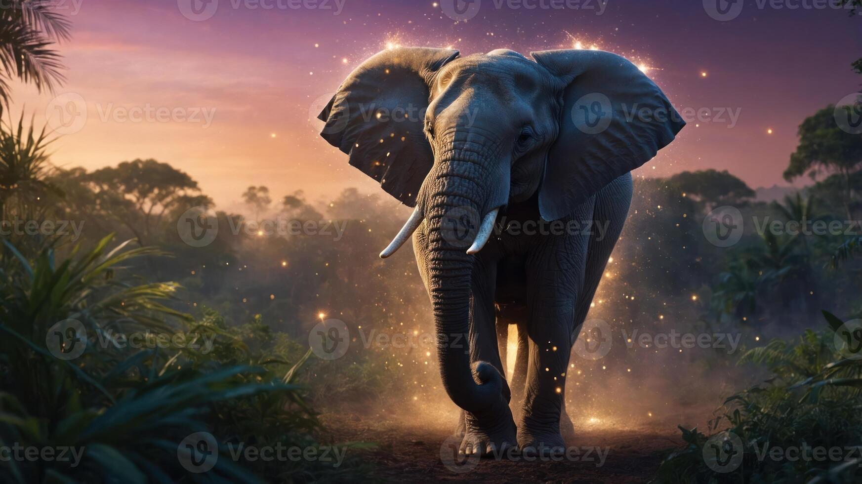 A majestic elephant walks through a lush landscape at sunset, surrounded by glowing particles. photo