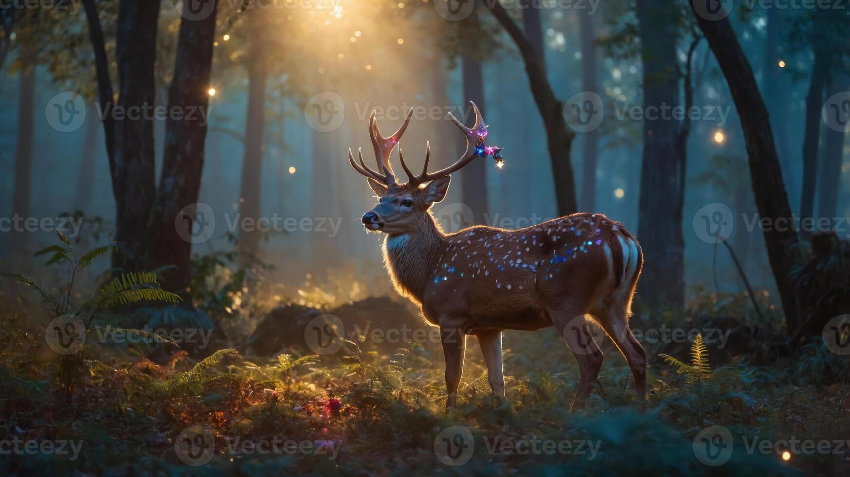 A serene deer stands in a misty forest, illuminated by soft light and surrounded by nature. photo