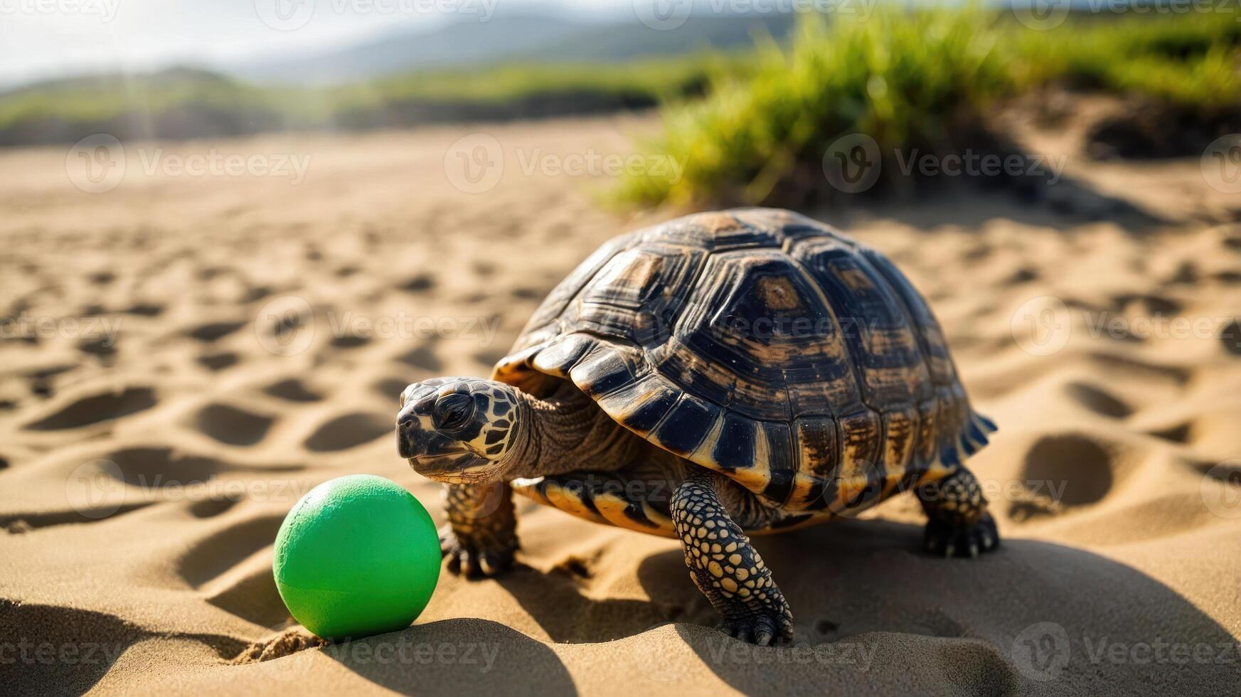 A turtle exploring a sandy area with a green ball nearby. photo