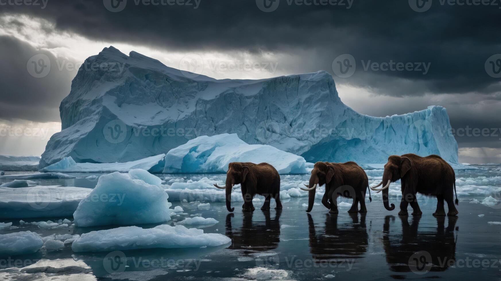 Three elephants walking on icy terrain near a massive iceberg under a dramatic sky. photo
