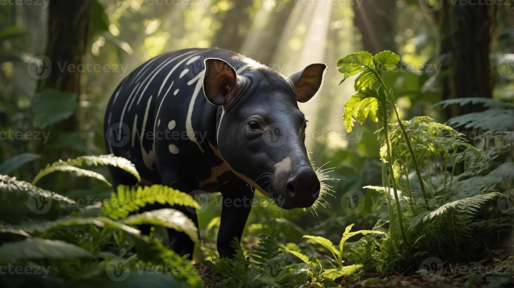 A tapir in a sunlit forest, surrounded by ferns and trees, showcasing its natural habitat. photo