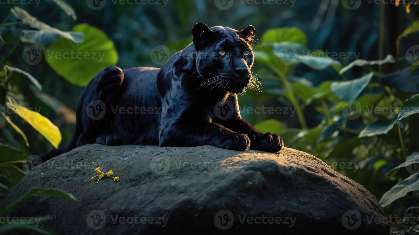 A black panther rests on a rock amidst lush greenery, showcasing its sleek form and keen gaze. photo
