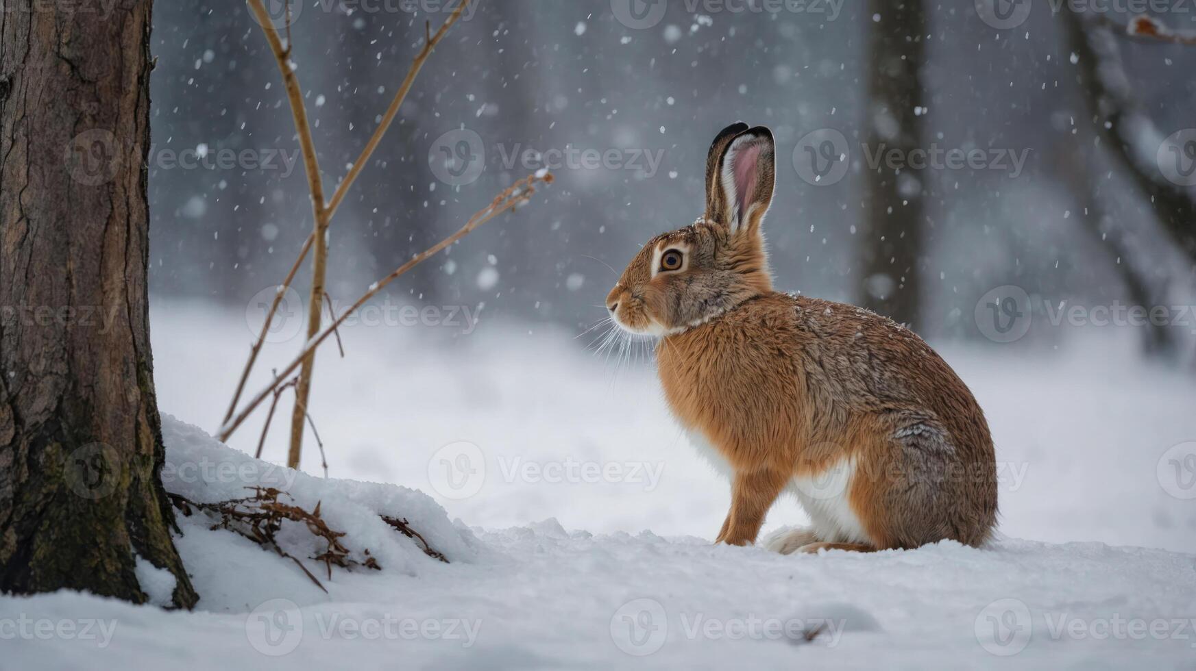 A rabbit sitting in the snow, surrounded by a serene winter landscape. photo