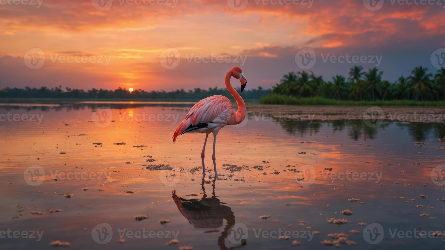 A flamingo stands gracefully in a reflective wetland at sunset, showcasing nature's beauty. photo