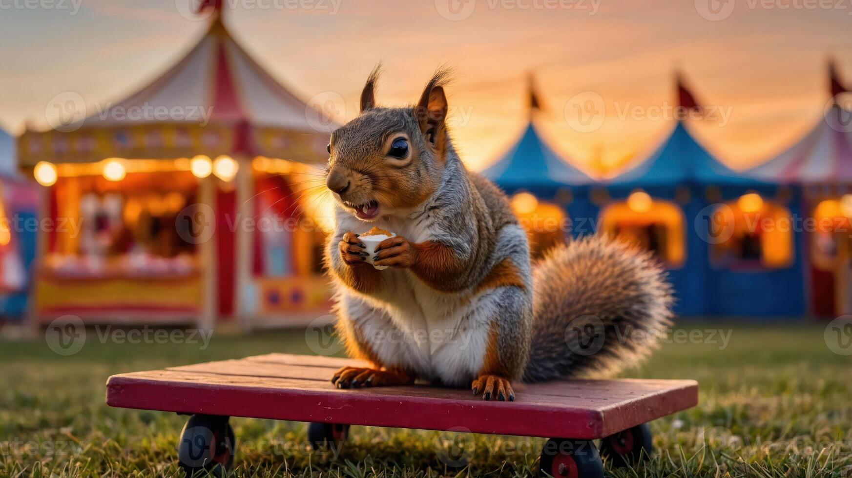 A playful squirrel on a skateboard in front of colorful carnival tents at sunset. photo