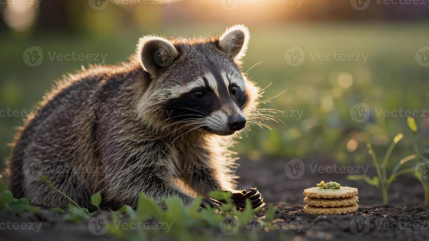 A raccoon sits on the ground near a stack of cookies, illuminated by soft sunlight. photo