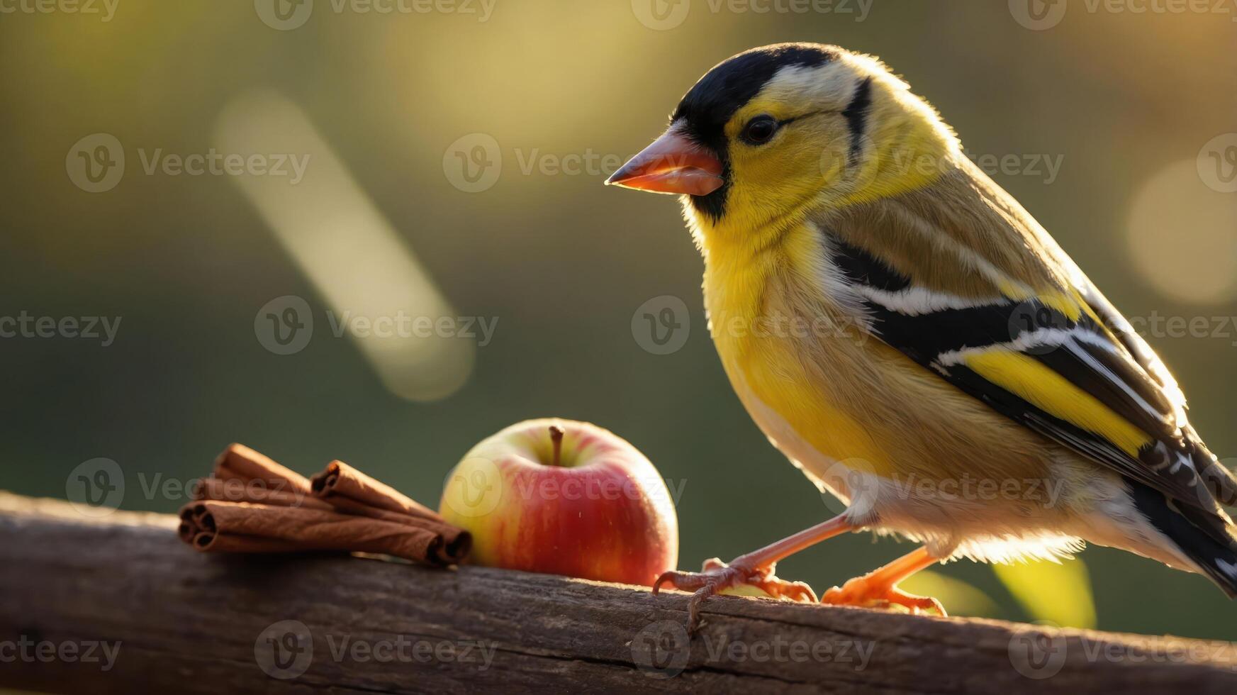A vibrant yellow bird perched beside an apple and cinnamon sticks on a wooden surface. photo
