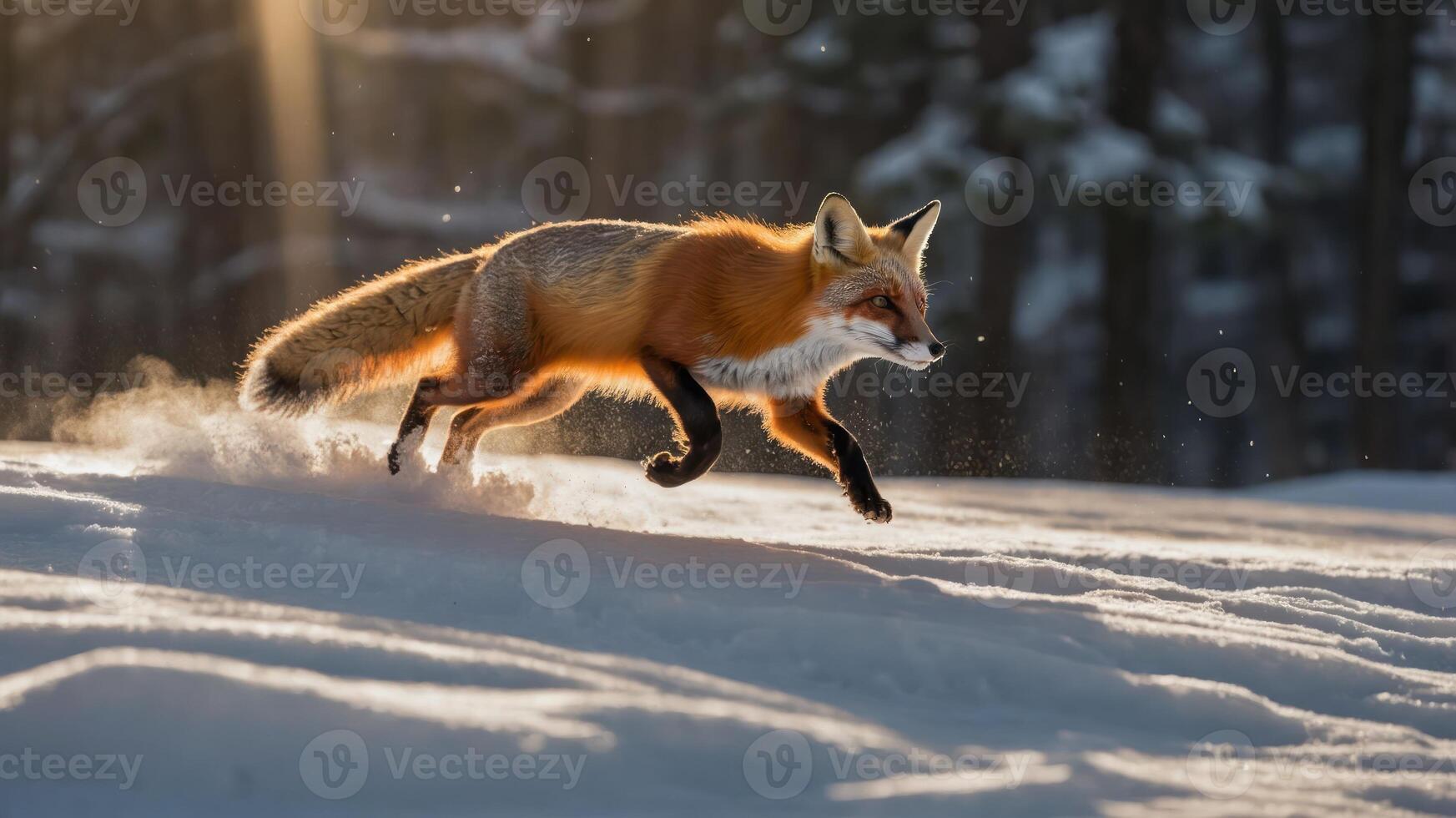 A red fox gracefully runs through a snowy landscape, illuminated by soft sunlight. photo