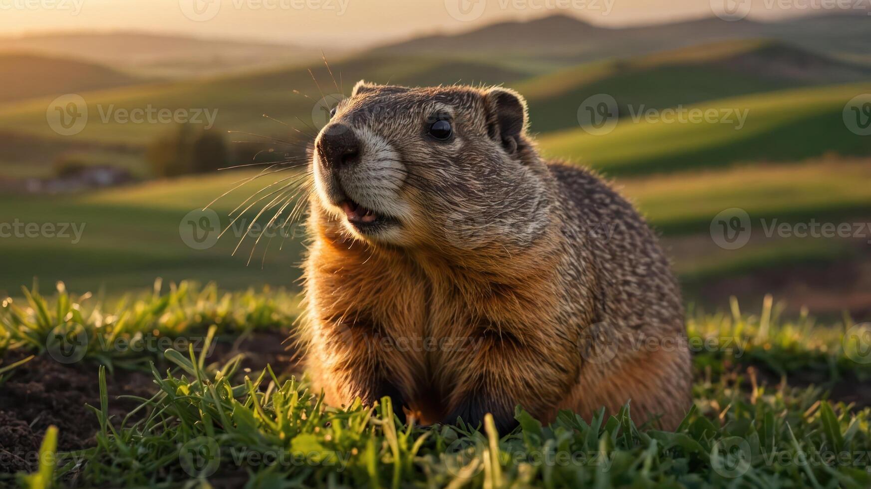 A close-up of a marmot in a grassy landscape during sunset. photo