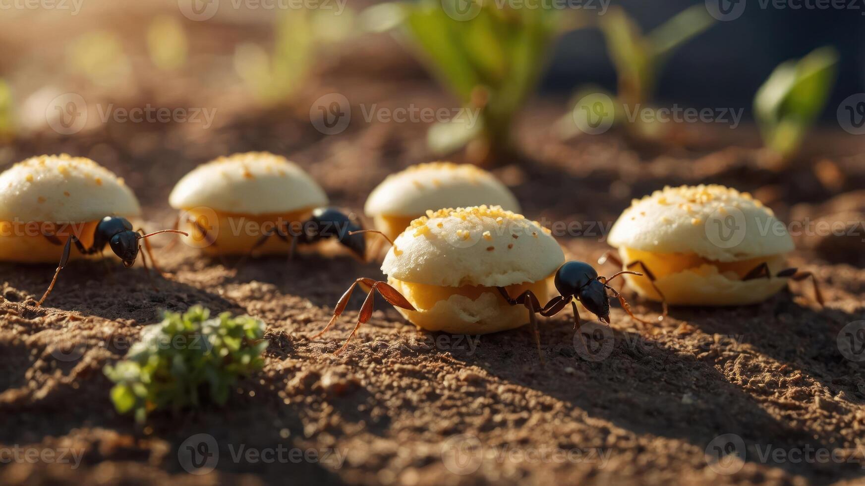 Ants carrying small food items resembling buns on a sandy surface. photo
