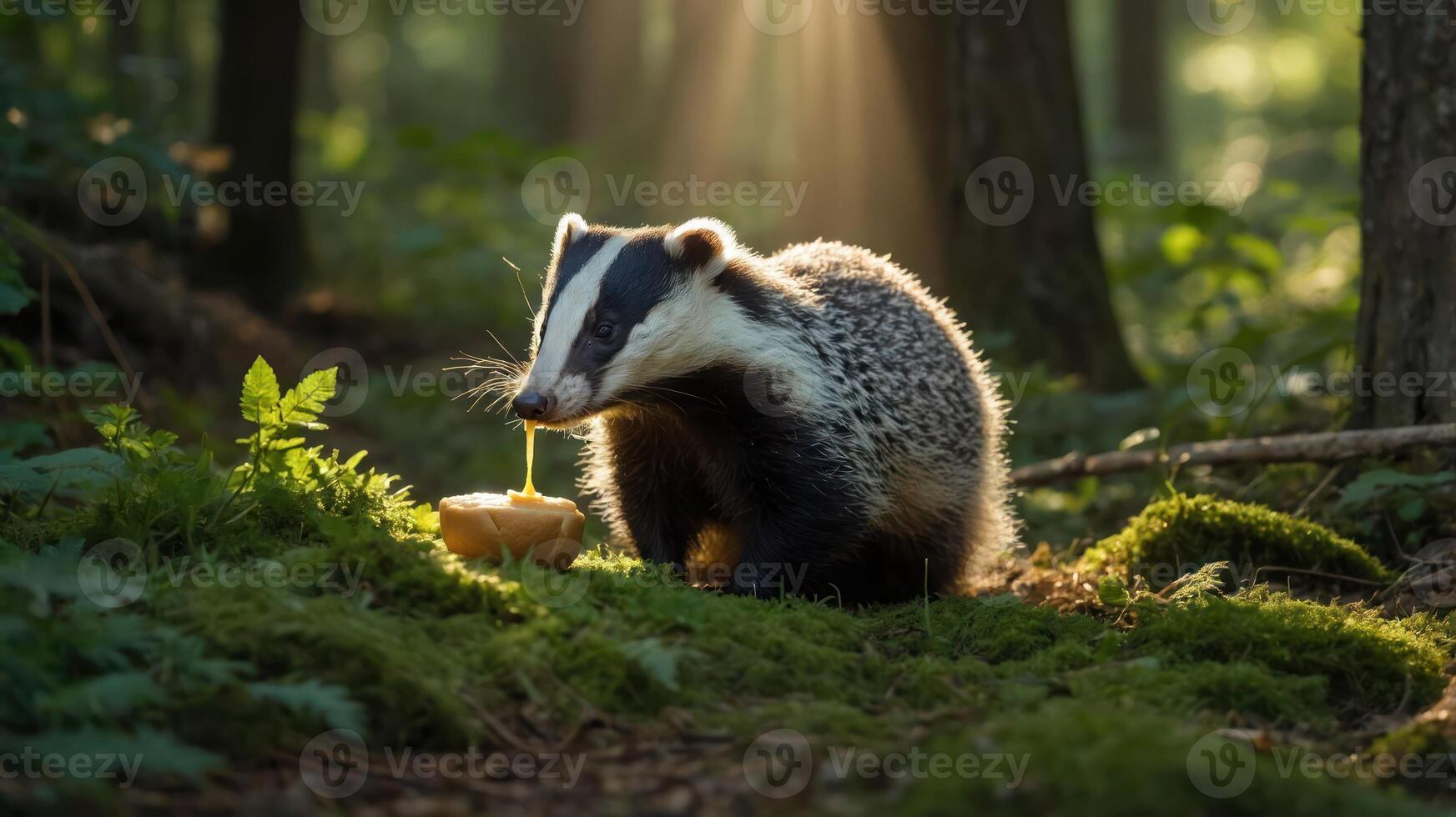 A badger enjoying honey from a bowl in a sunlit forest setting. photo