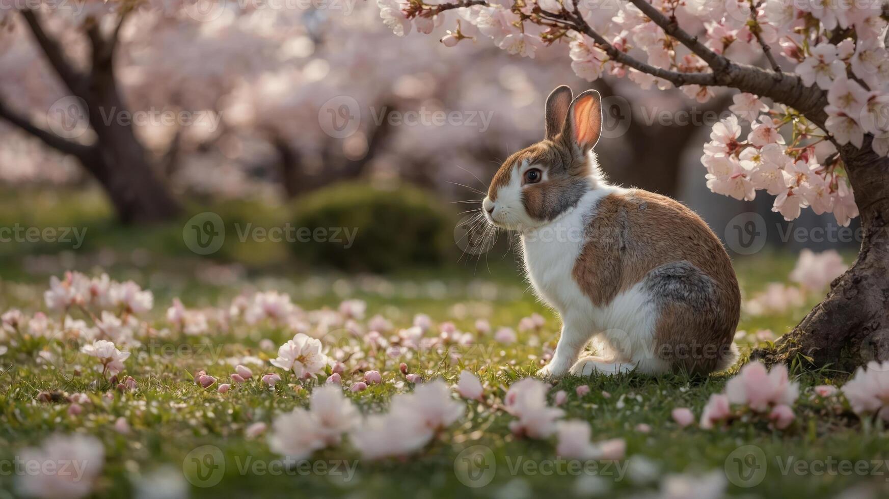 A rabbit sits amidst blooming cherry blossoms in a serene garden setting. photo
