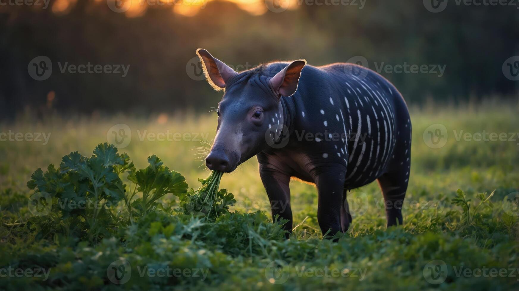 A unique animal grazing in a lush field during sunset. photo