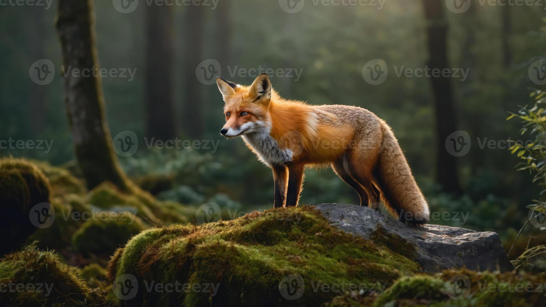 A majestic fox stands on a rock amidst a lush, green forest, capturing nature's beauty. photo