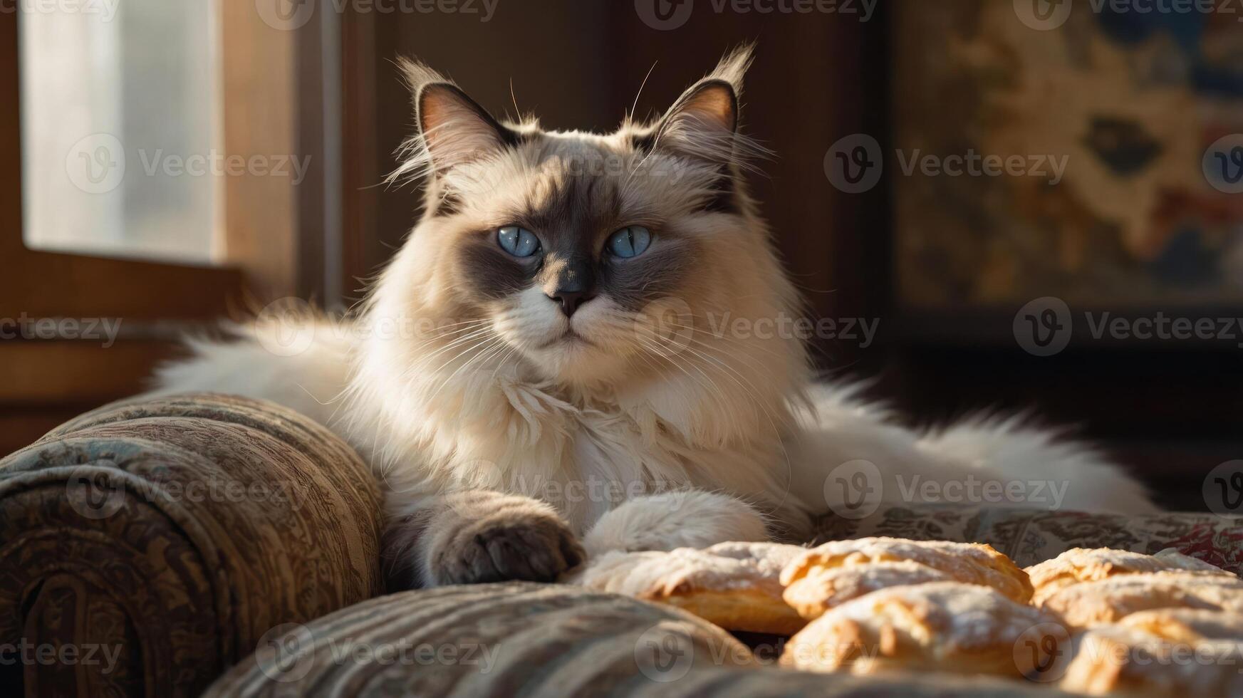 A serene cat resting on a couch beside a plate of pastries in soft natural light. photo