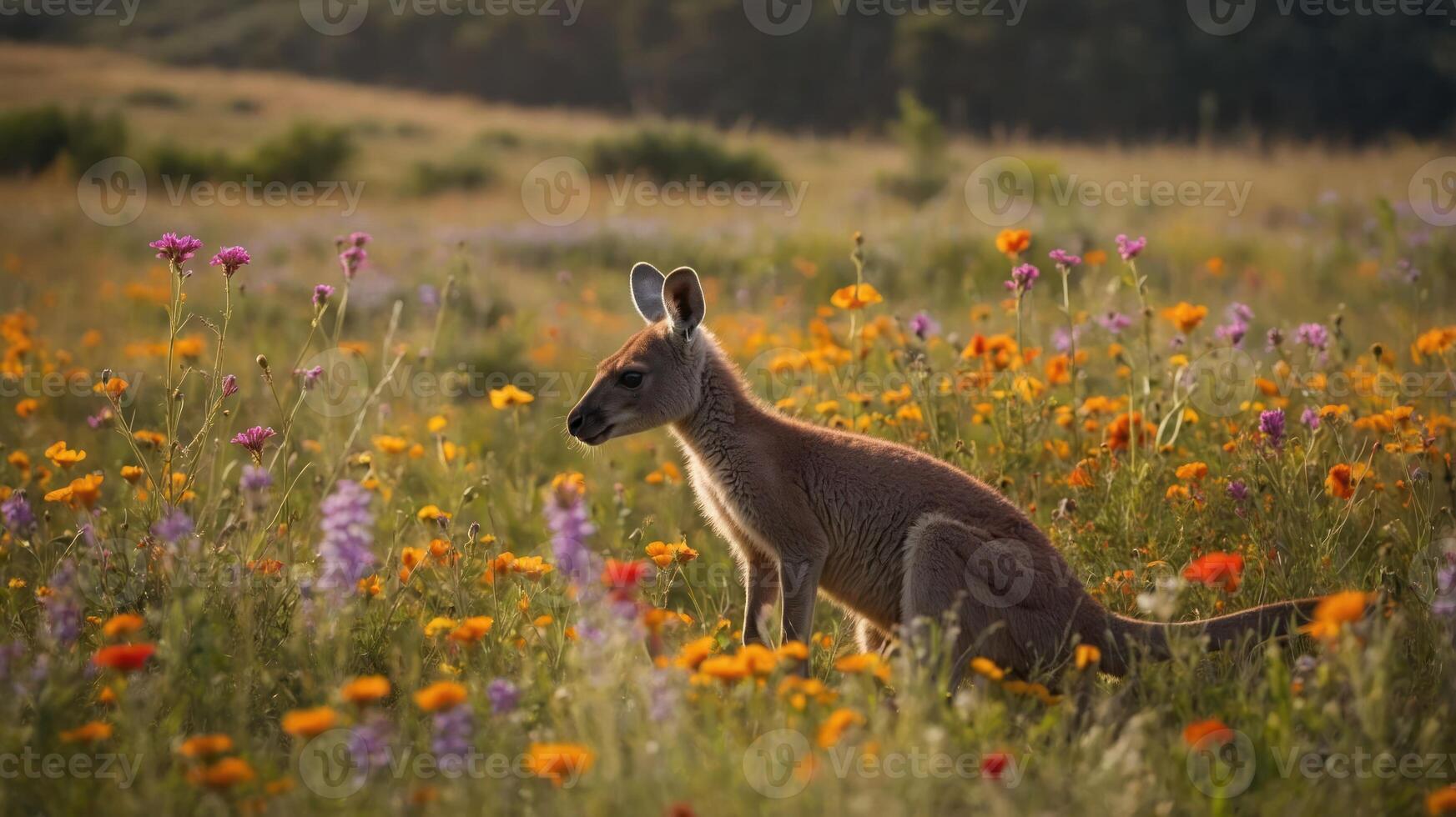 A kangaroo sits gracefully amidst a vibrant field of wildflowers. photo