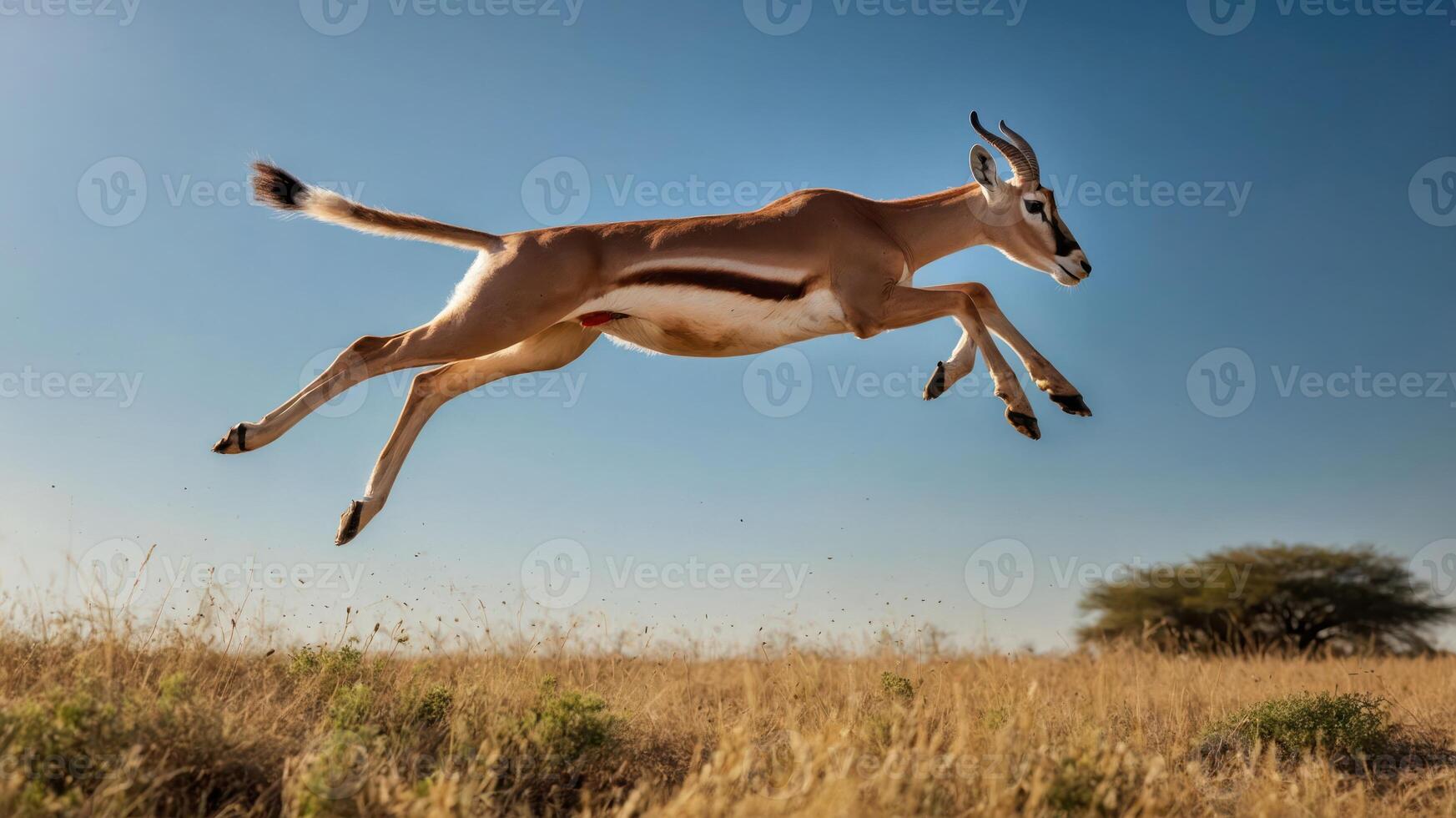 A graceful antelope leaps over tall grass under a clear blue sky. photo