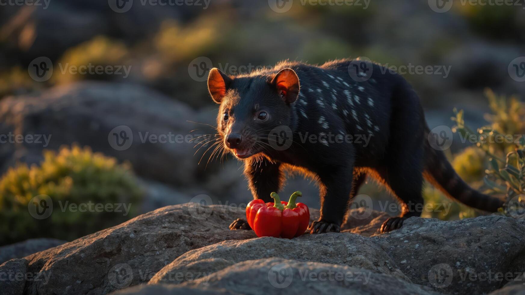 A Tasmanian devil stands on rocks beside a red bell pepper in a natural setting. photo