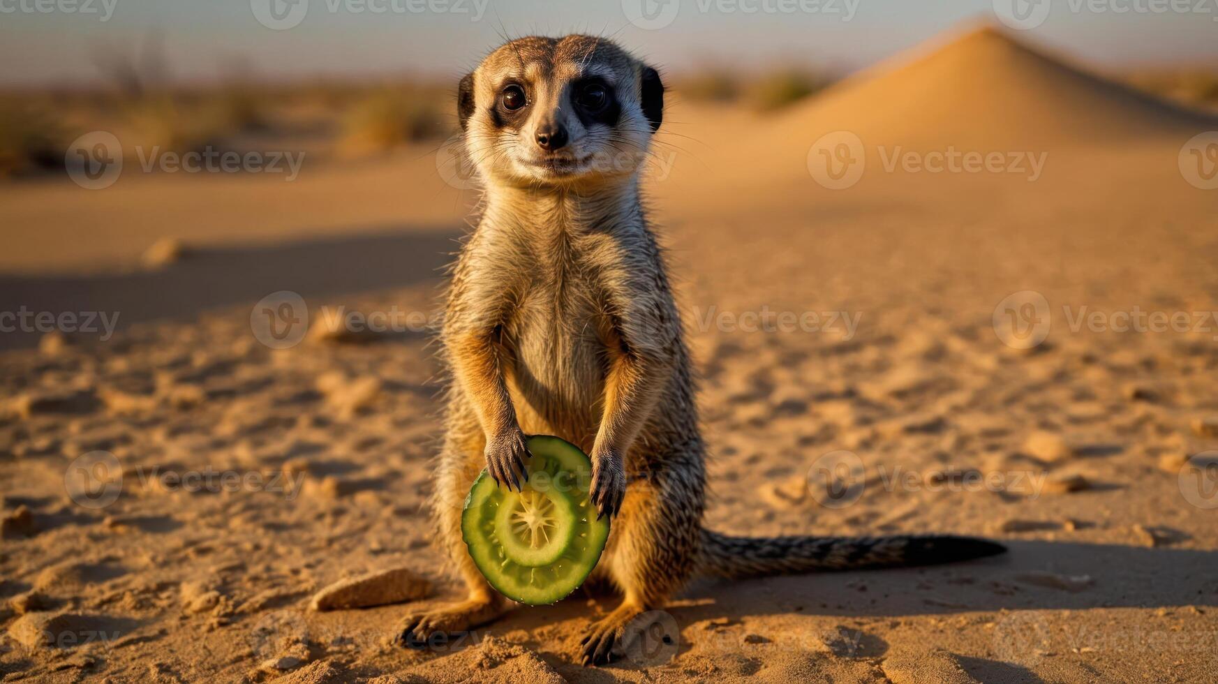 A meerkat stands on sand holding a slice of kiwi, showcasing a playful desert scene. photo
