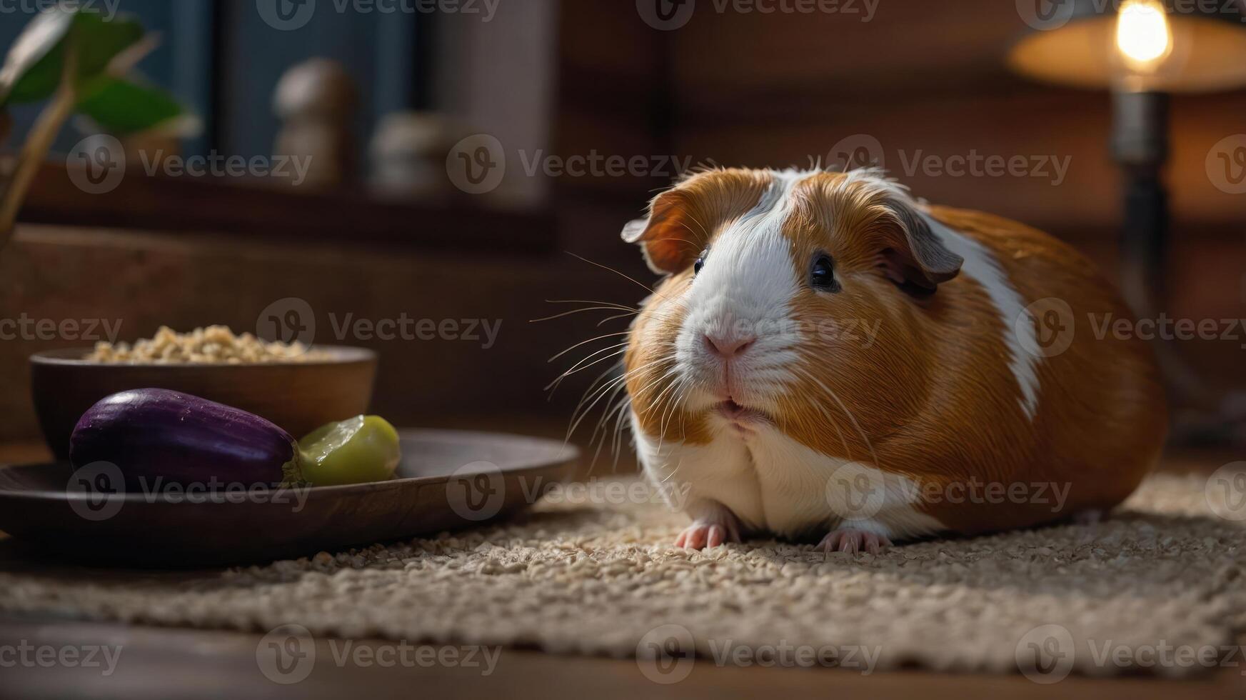 A guinea pig rests on a textured surface with food nearby, creating a cozy atmosphere. photo