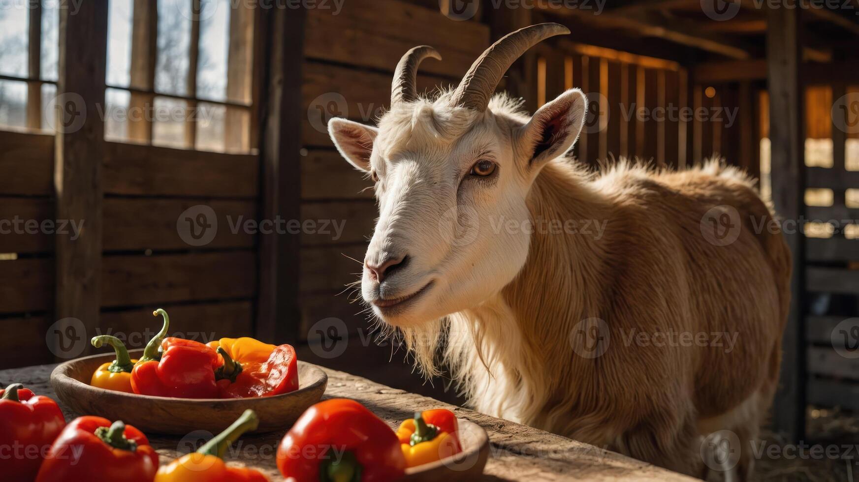 A goat in a barn beside bowls of colorful peppers. photo