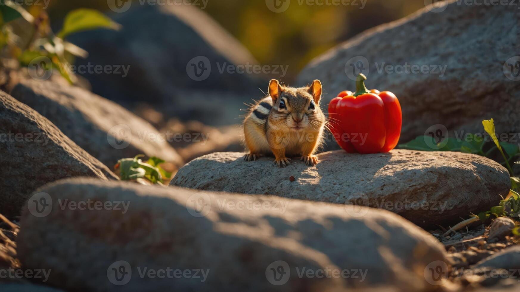 A chipmunk sits on rocks beside a red bell pepper in a natural setting. photo