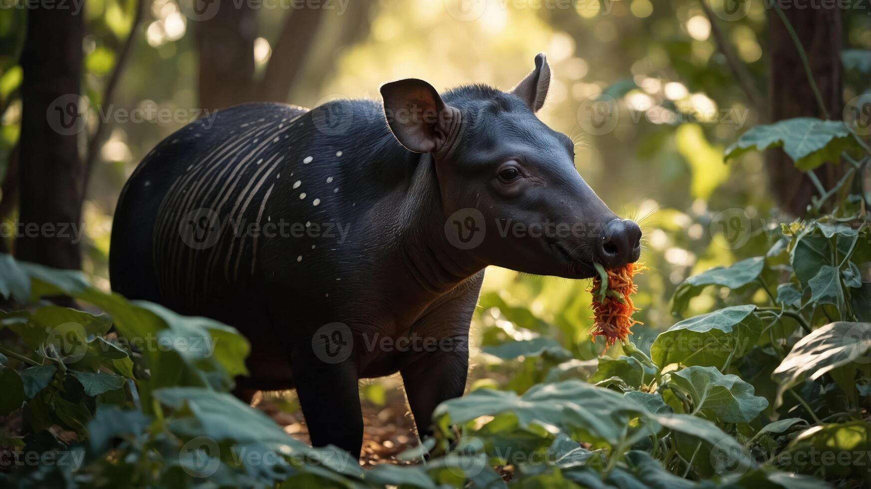 A tapir standing in a forest, nibbling on a flower amidst lush greenery. photo