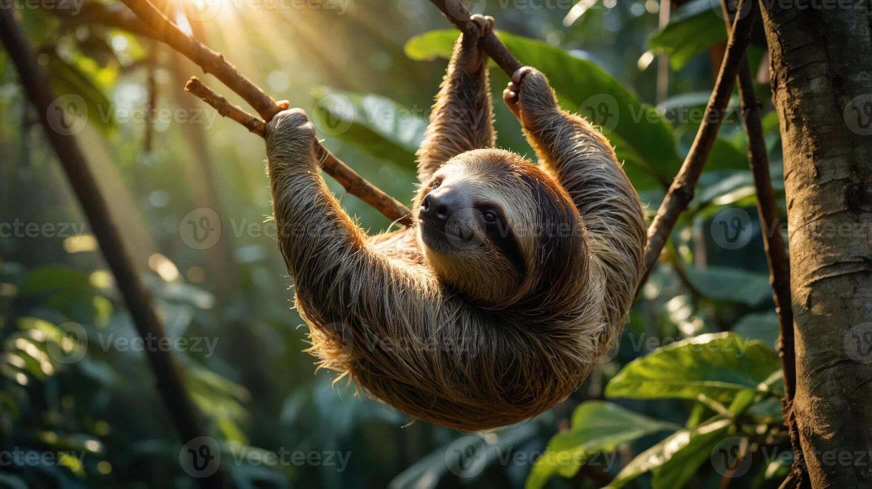 A sloth hanging from a branch in a lush, sunlit jungle setting. photo