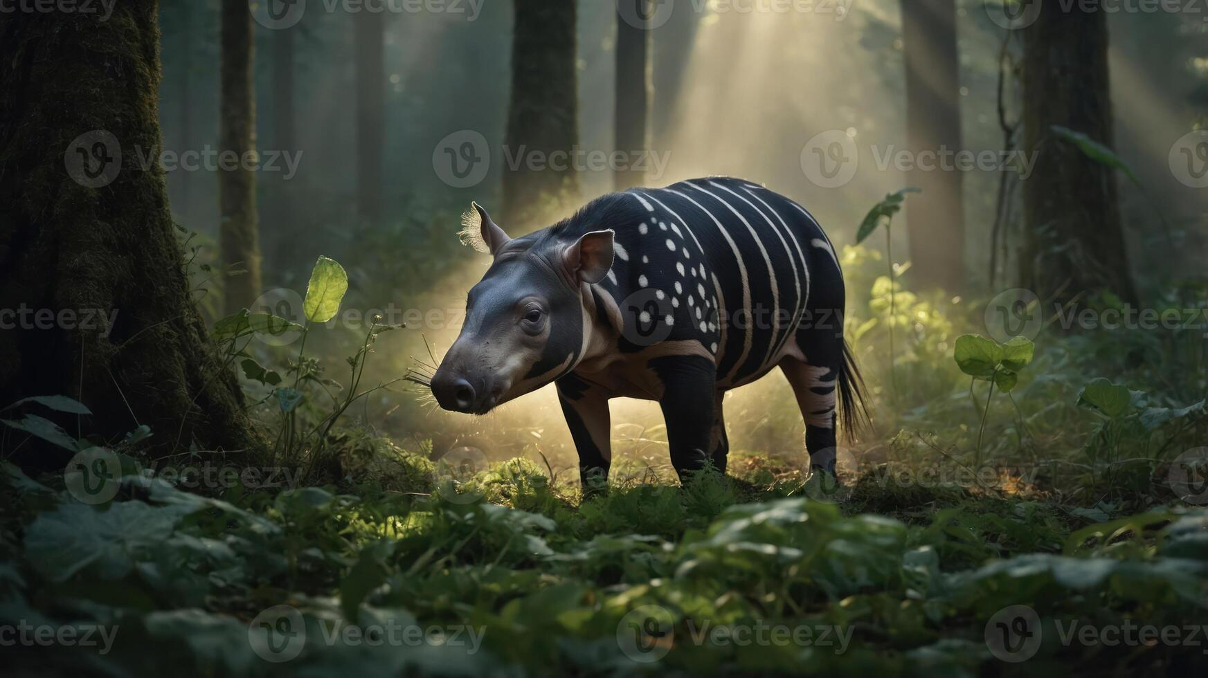 A tapir stands in a sunlit forest, surrounded by lush greenery and soft light. photo