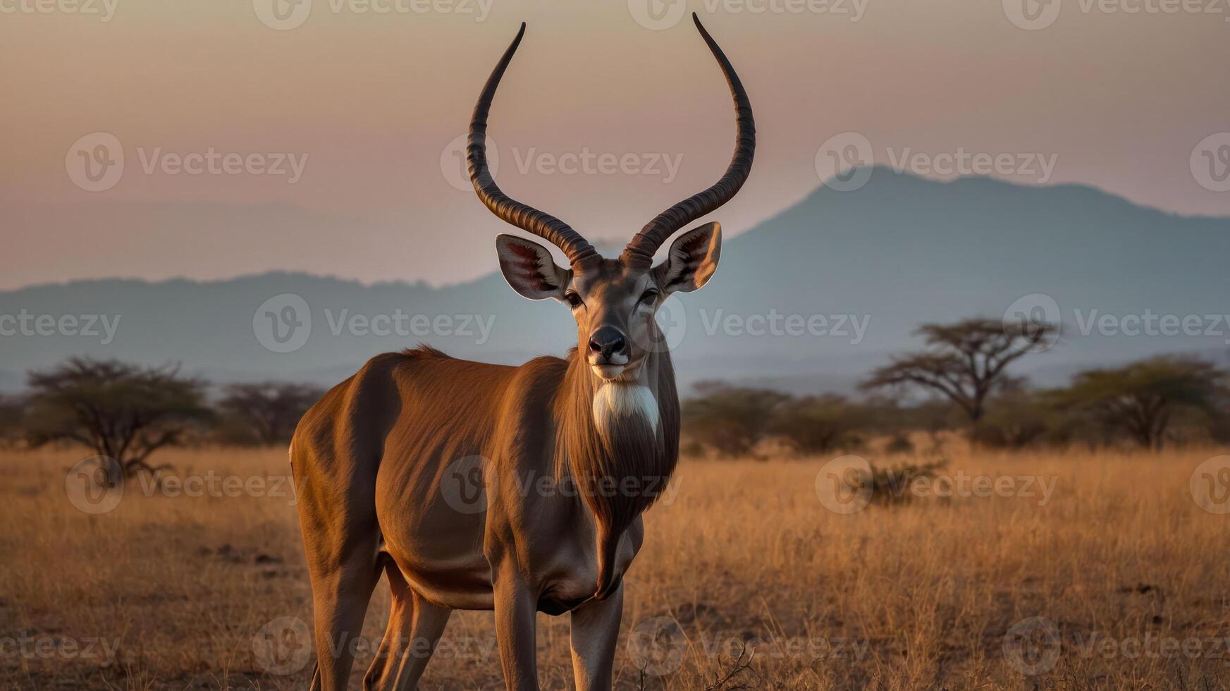 A majestic antelope stands in a serene landscape at dusk, showcasing nature's beauty. photo